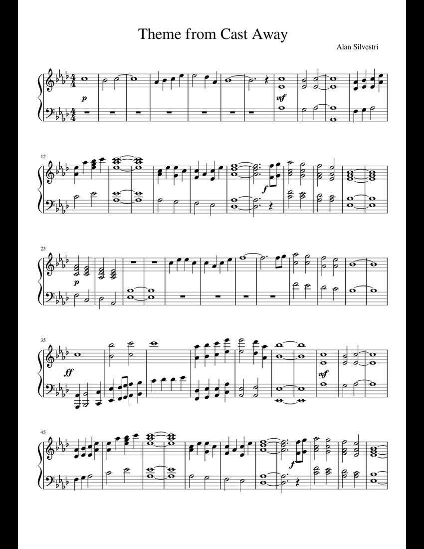 Theme from Cast Away sheet music for Piano download free in PDF or MIDI