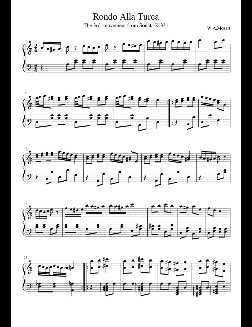 Rondo Alla Turca sheet music for Piano download free in PDF or MIDI