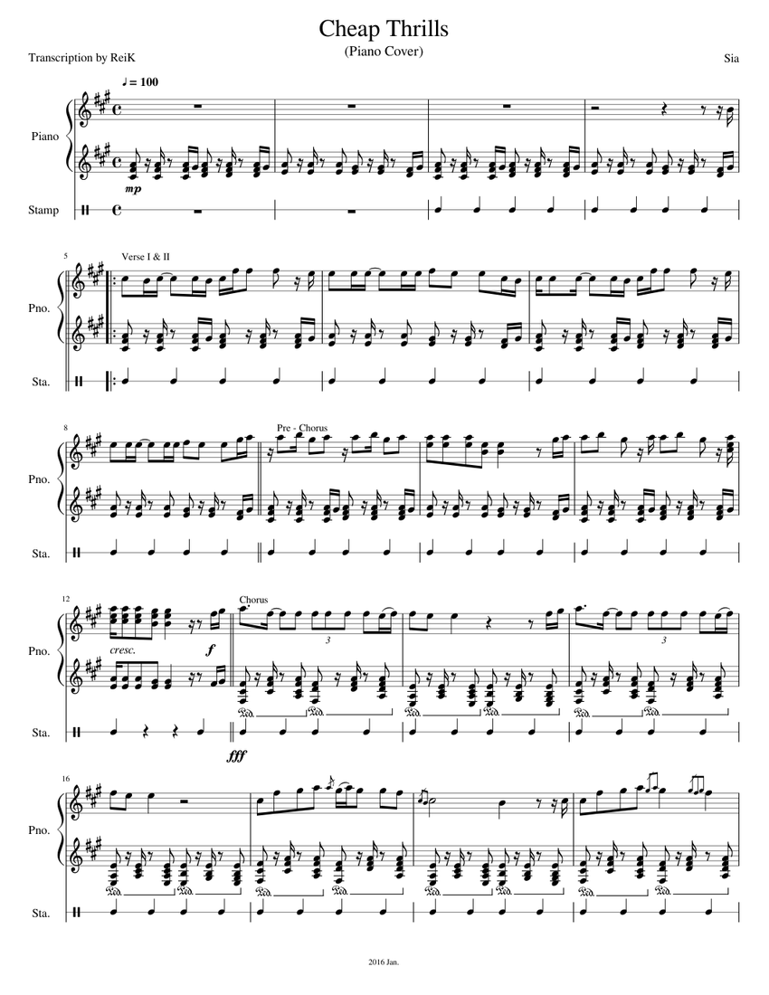 Cheap Thrills Sia Piano Cover Reik Sheet Music For Piano