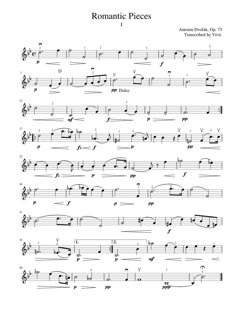 Dvorak: Romantic Pieces - Part 1, Violin Part Sheet music for Violin | Download free in PDF or ...