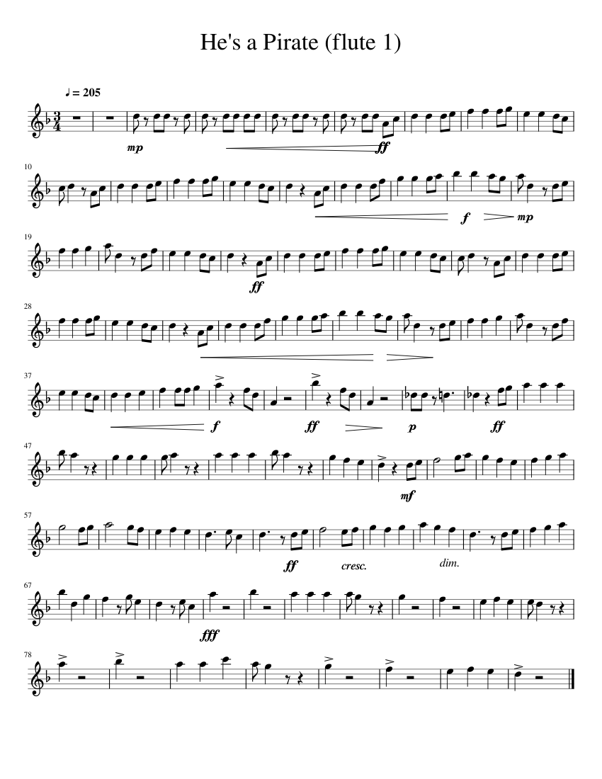 He's a Pirate (flute 1) sheet music for Flute download free in PDF or MIDI