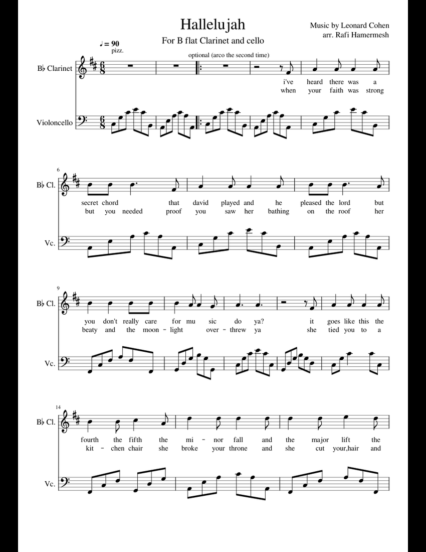 Hallelujah Cello Bflat clarinet sheet music for Clarinet, Cello