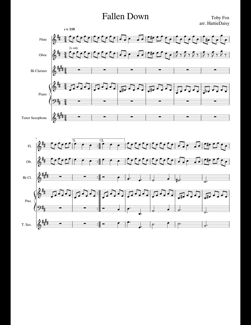 Undertale - Fallen Down sheet music for Flute, Clarinet, Piano, Oboe ...