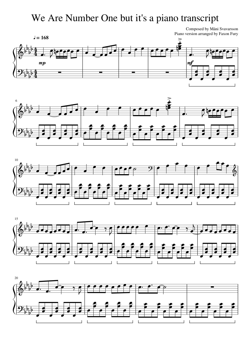 We Are Number One but it's a piano transcript sheet music download free