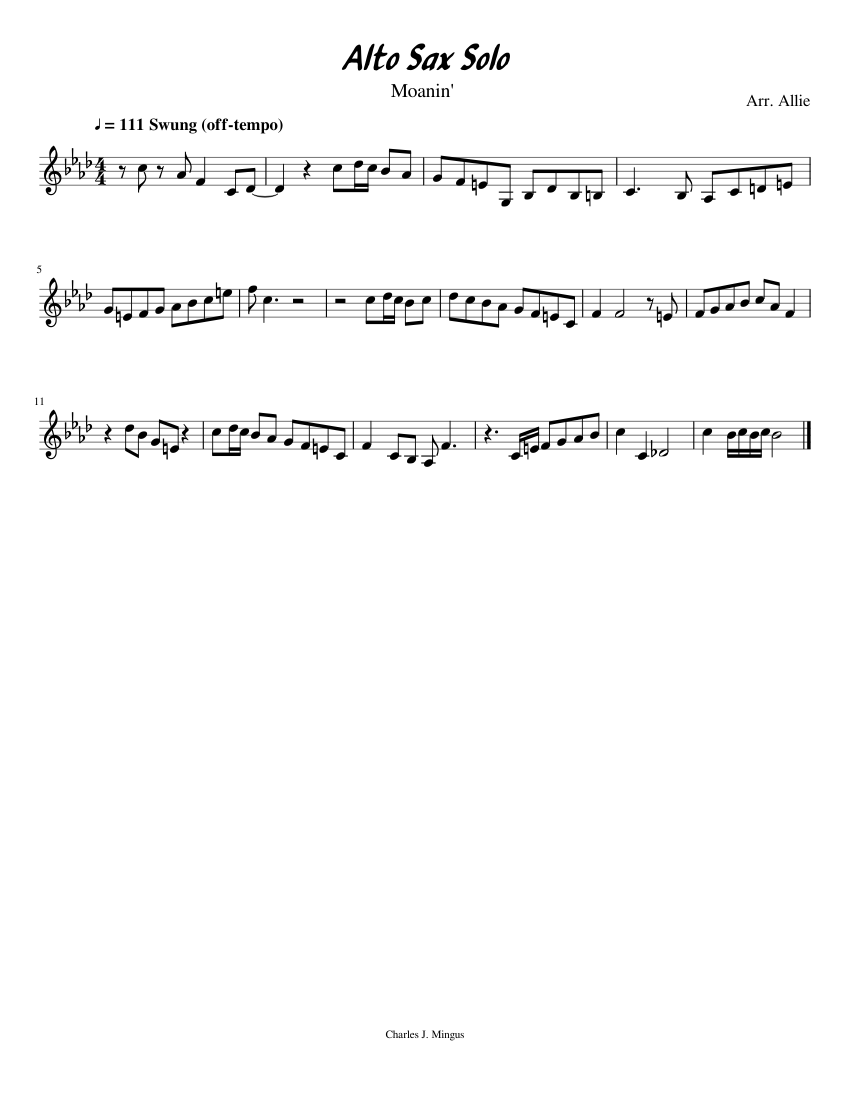 concert pitch) Moanin' Alto Sax Solo sheet music for