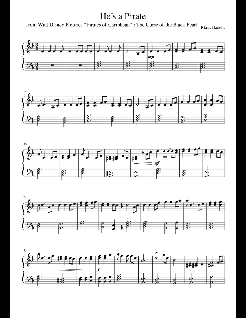 He is a Pirate (Easy Piano) sheet music for Piano download free in PDF