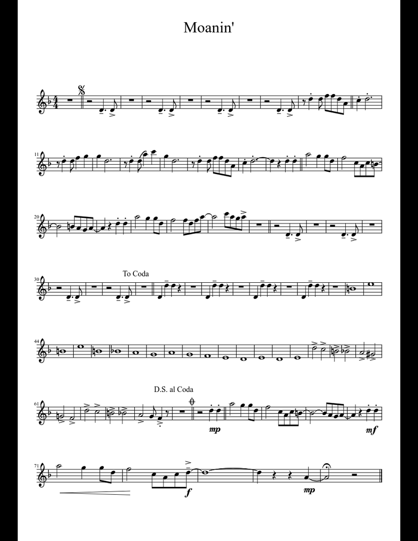 Moanin Sheet Music For Alto Saxophone Download Free In Pdf Or Midi 