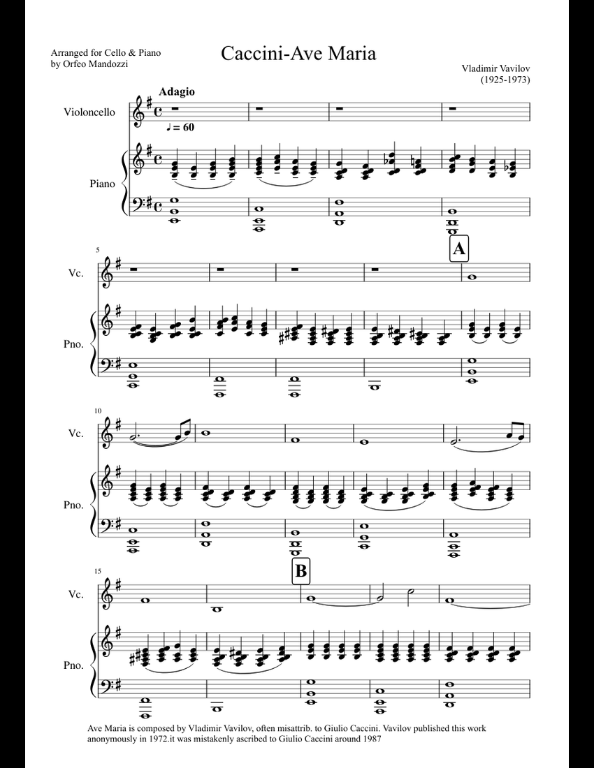 Caccini Ave Maria for Cello&Piano sheet music download free in PDF or MIDI
