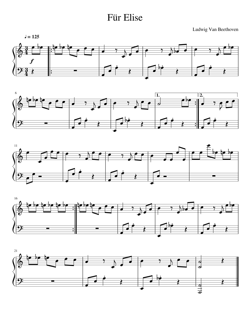 Fur Elise sheet music for Piano download free in PDF or MIDI
