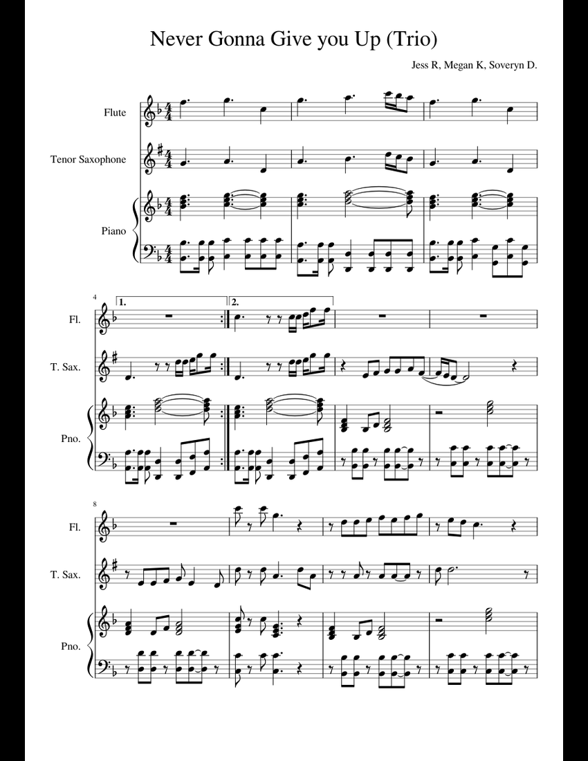 Never Gonna Give you Up (Trio) sheet music for Flute, Piano, Tenor