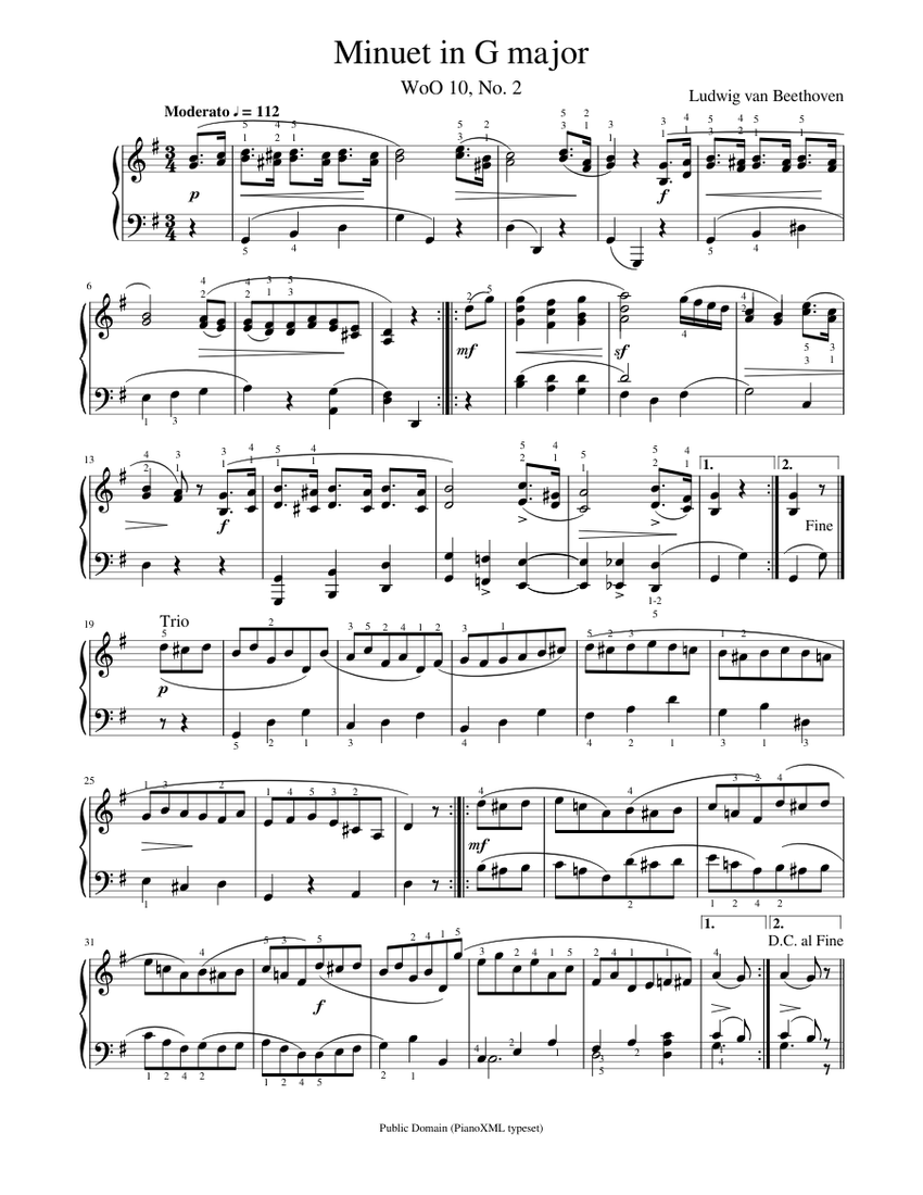 Beethoven: Minuet in G major, WoO 10, No. 2 sheet music for Piano ...