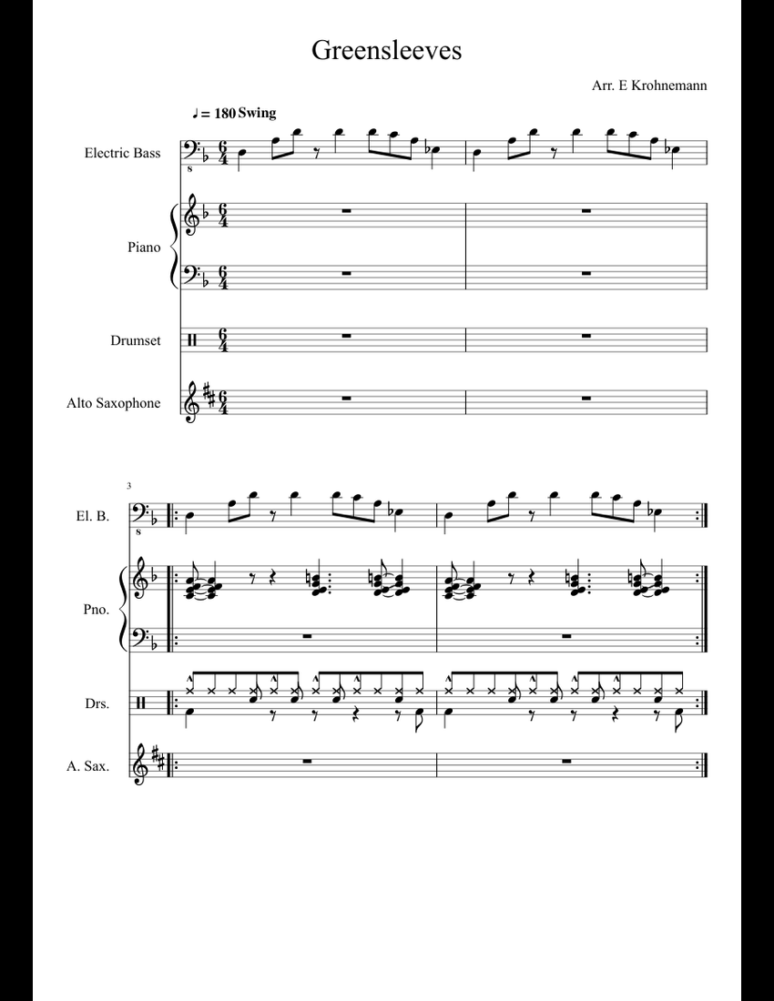 Greensleeves sheet music for Piano, Bass, Percussion, Alto Saxophone download free in PDF or MIDI