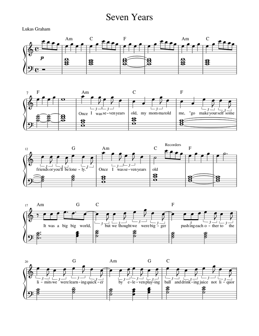 Seven Years Sheet music for Piano | Download free in PDF or MIDI