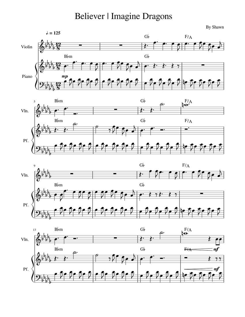 Believer Imagine Dragons violinandpianoduet Sheet music for Violin