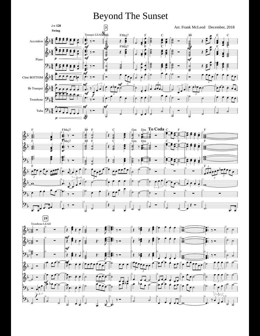 Beyond The Sunset sheet music for Piano, Clarinet, Accordion, Trumpet ...
