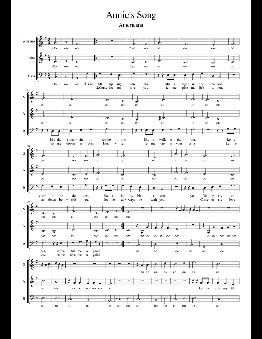 Annie s Song sheet music for Voice download free in PDF or MIDI