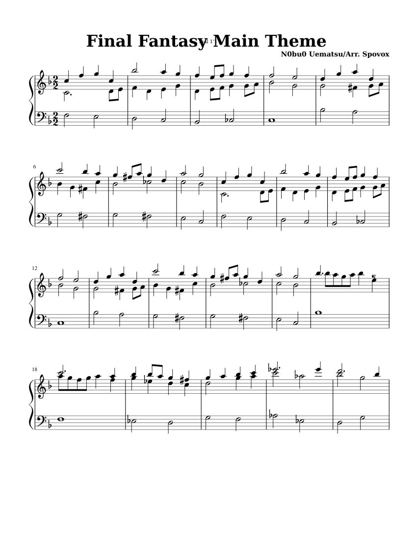 Final Fantasy Main Theme sheet music for Piano download free in PDF or MIDI