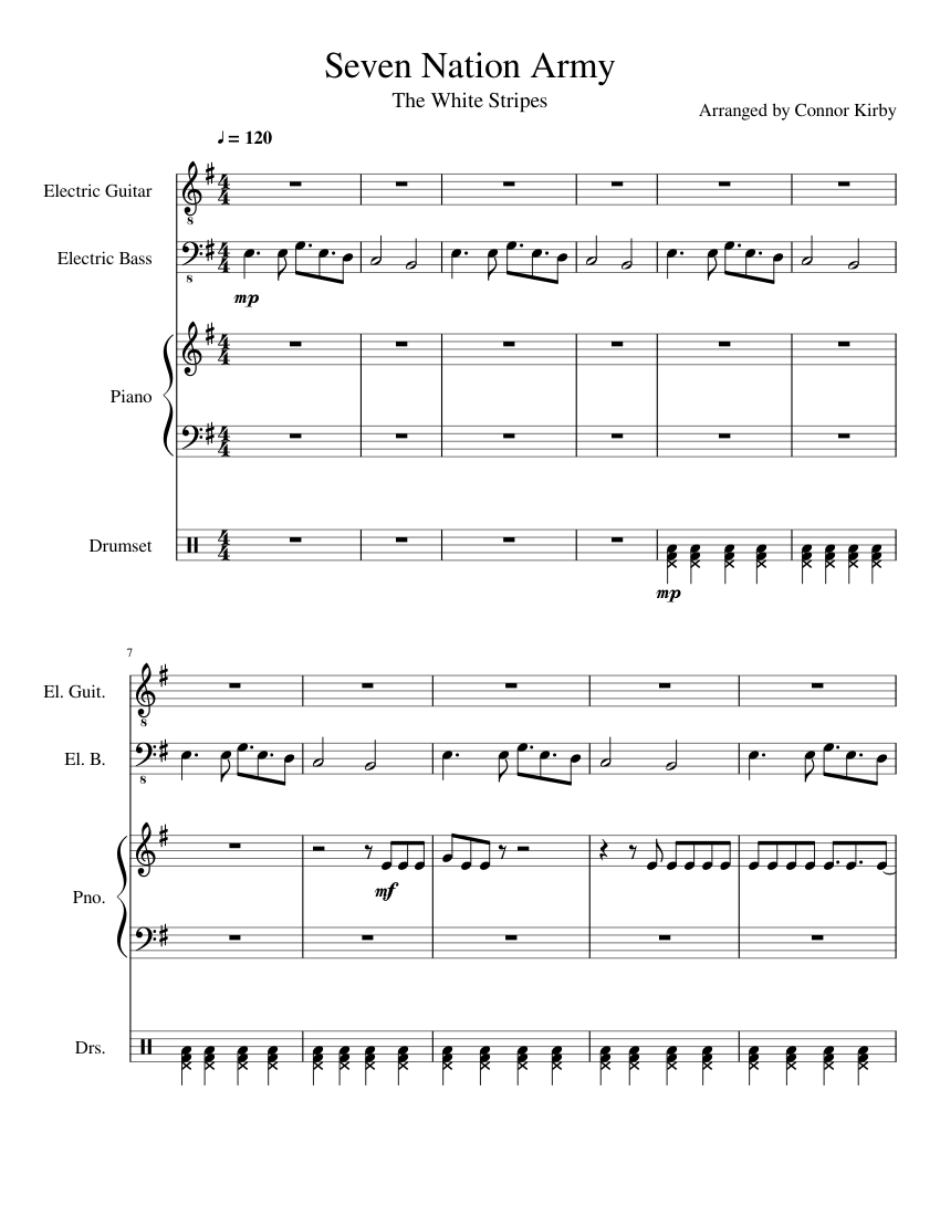 Seven Nation Army sheet music for Piano, Guitar, Bass, Percussion