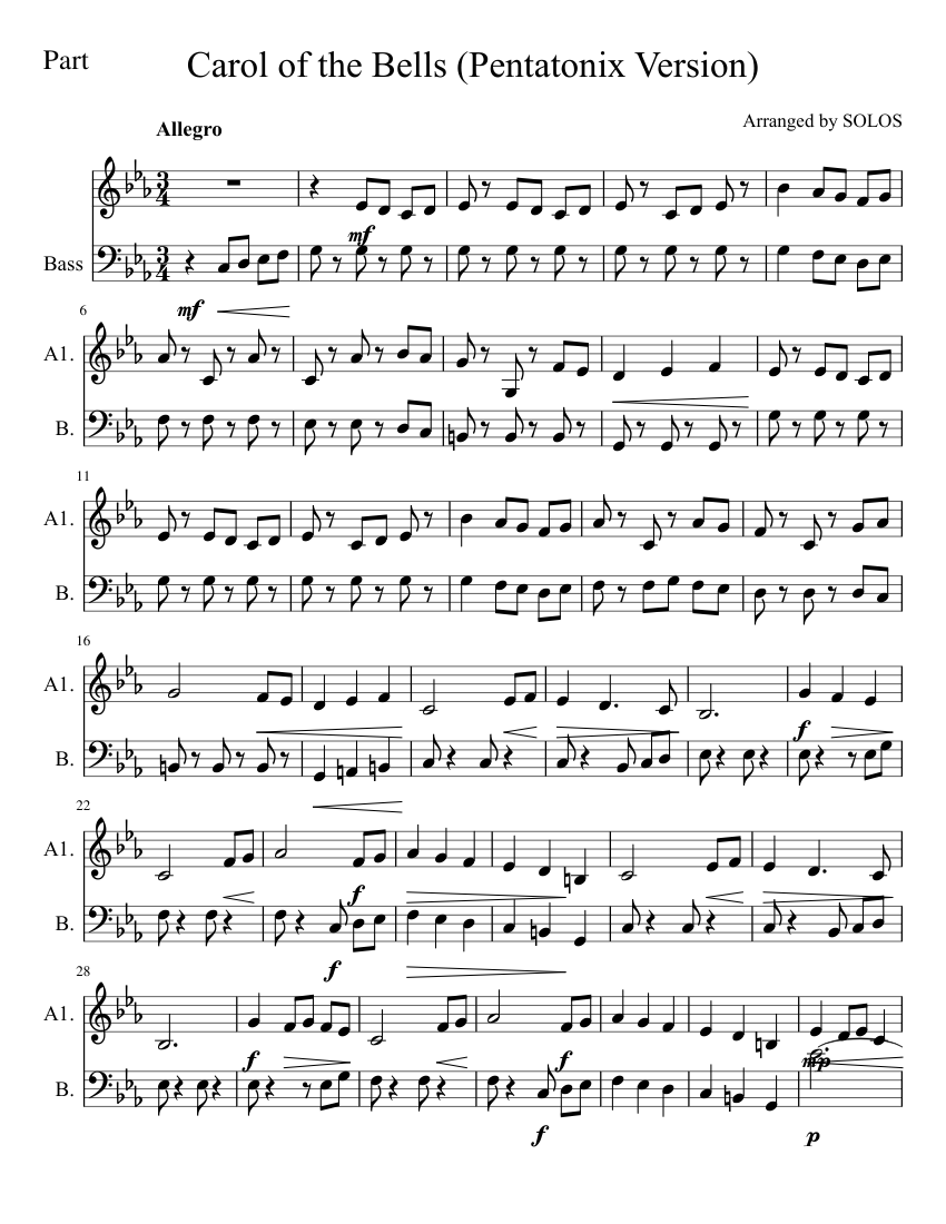 Carol of the Bells (Pentatonix Version) sheet music for English Horn, Cello download free in PDF ...