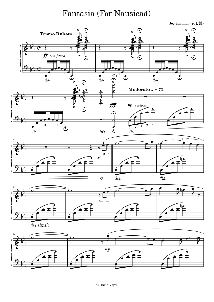 Fantasia (For Nausicaä) sheet music composed by Joe Hisaishi (久石譲) – 1 of 7 pages