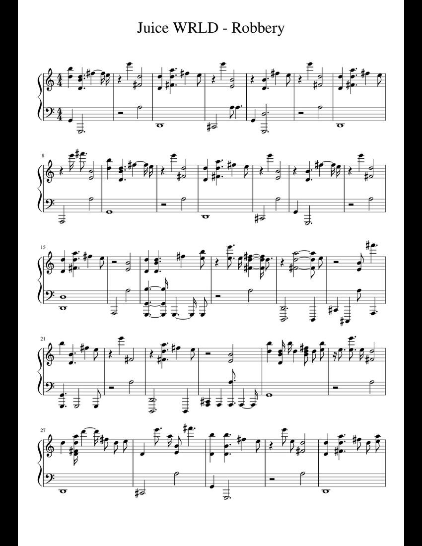 Juice WRLD - Robbery sheet music for Piano download free in PDF or MIDI