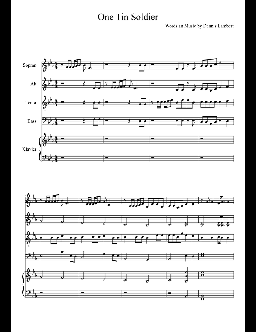 One Tin Soldier - Piano SATB sheet music download free in PDF or MIDI
