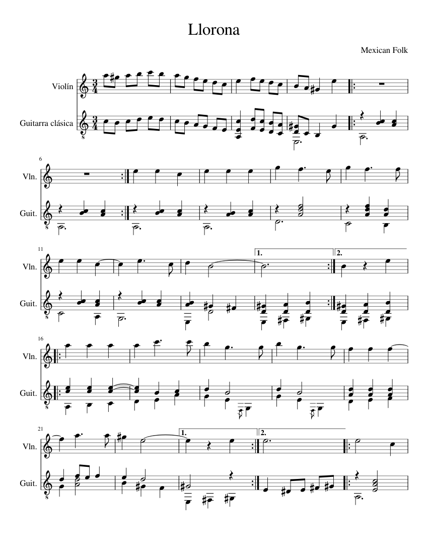 La Llorona Sheet Music For Violin Guitar Mixed Duet Musescore
