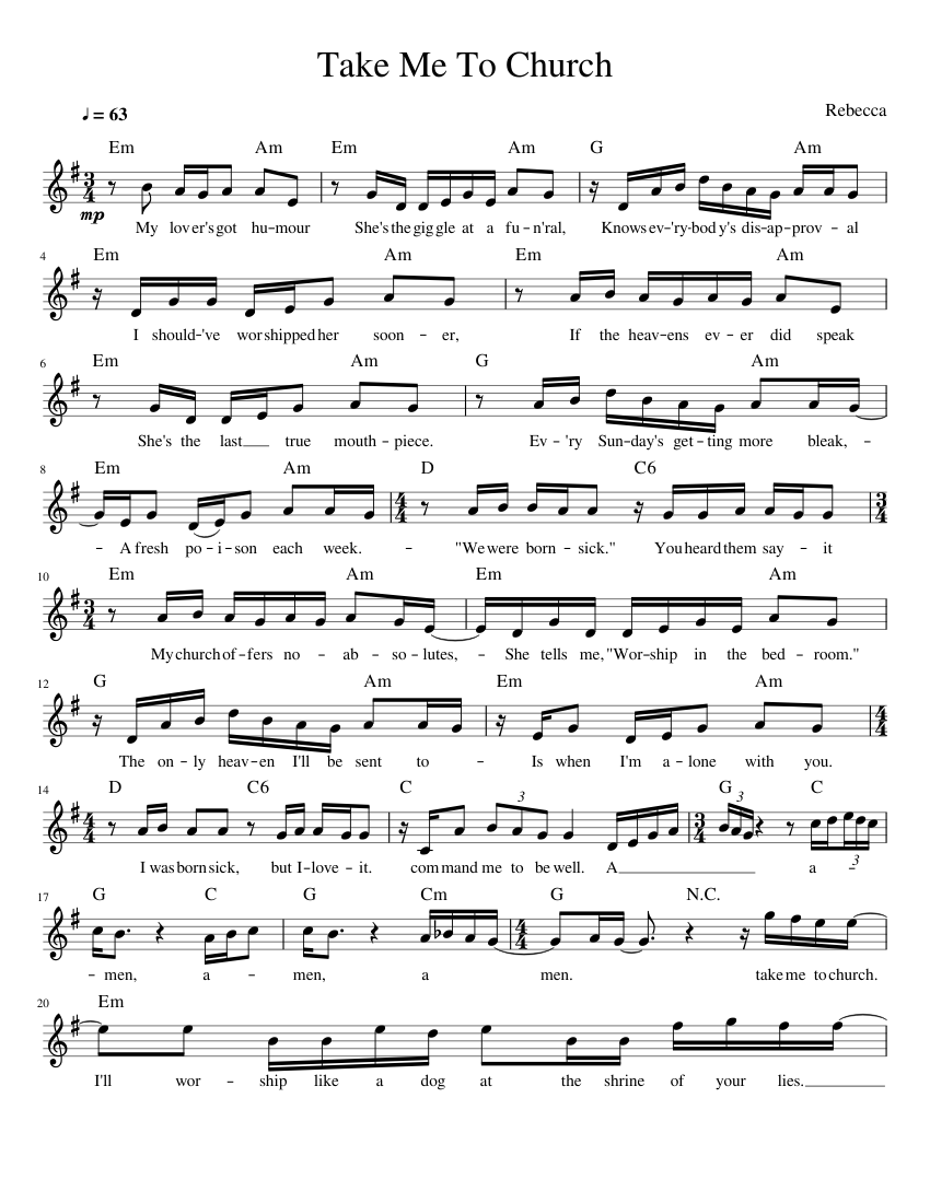 Take Me To Church sheet music for Piano download free in PDF or MIDI