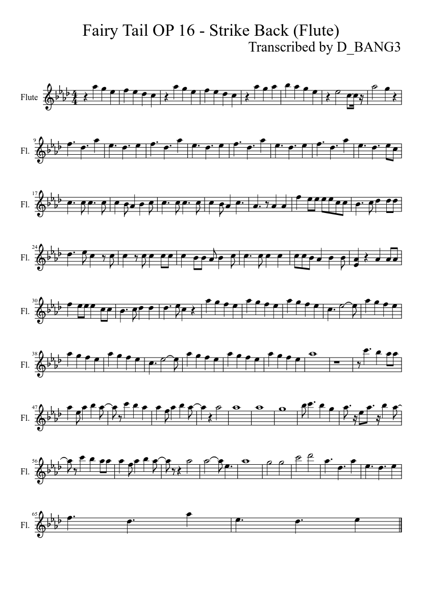 Fairy Tail Op 16 Strike Back Flute Sheet Music For Flute Solo Musescore Com