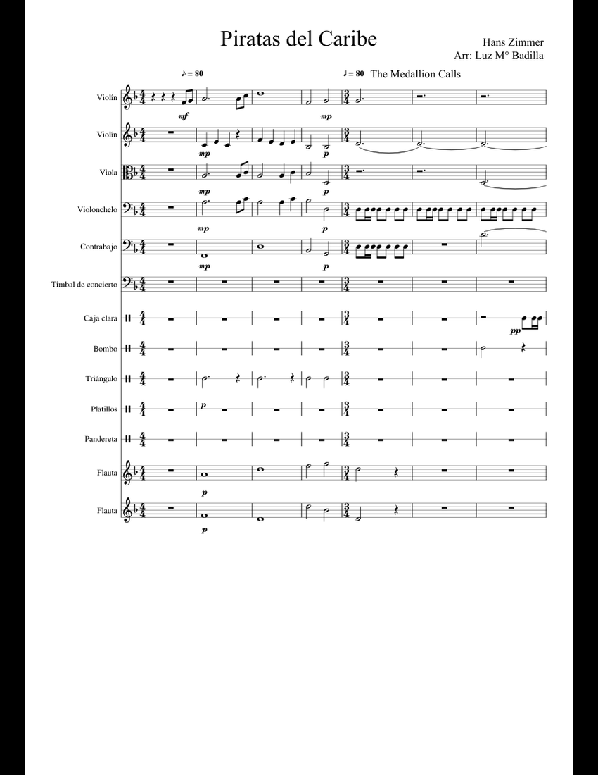Piratas del Caribe sheet music for Violin, Flute, Viola, Cello download