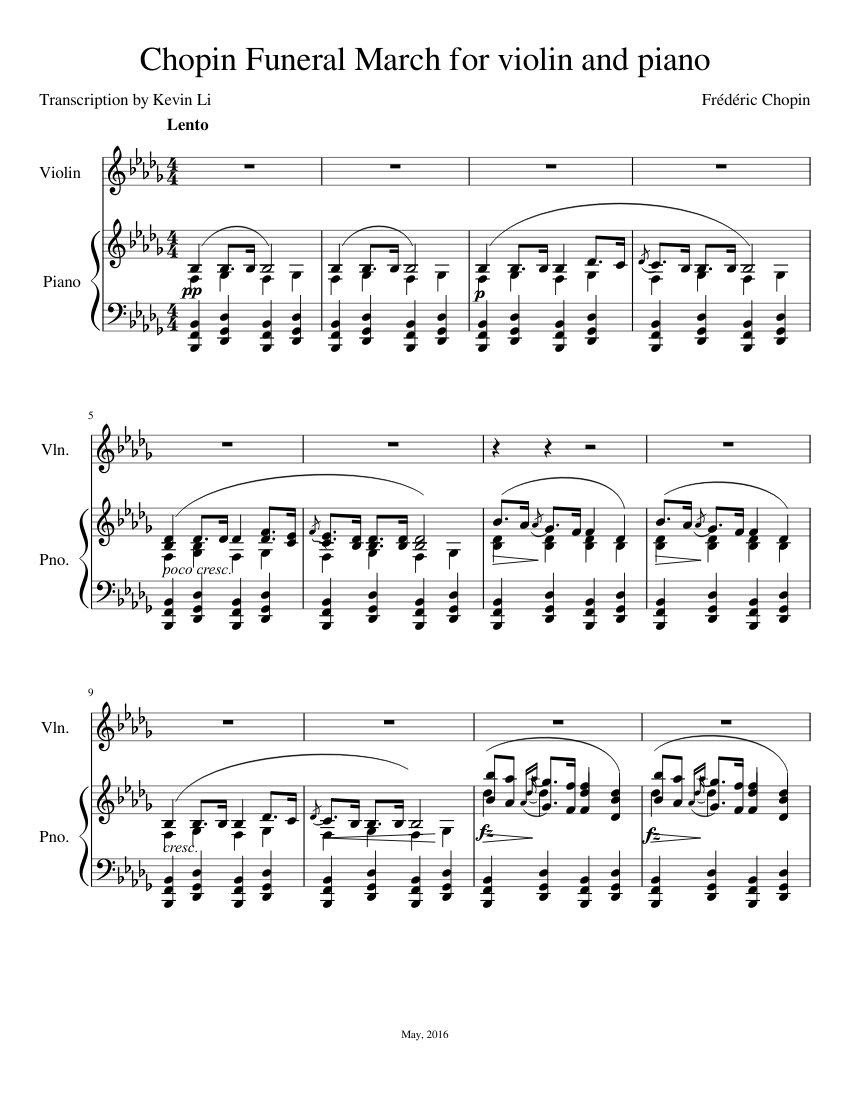 Chopin Funeral March For Piano And Violin Sheet Music For Violin