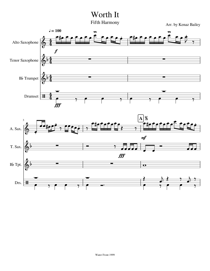 Worth It sheet music for Alto Saxophone, Tenor Saxophone, Trumpet, Percussion download free in