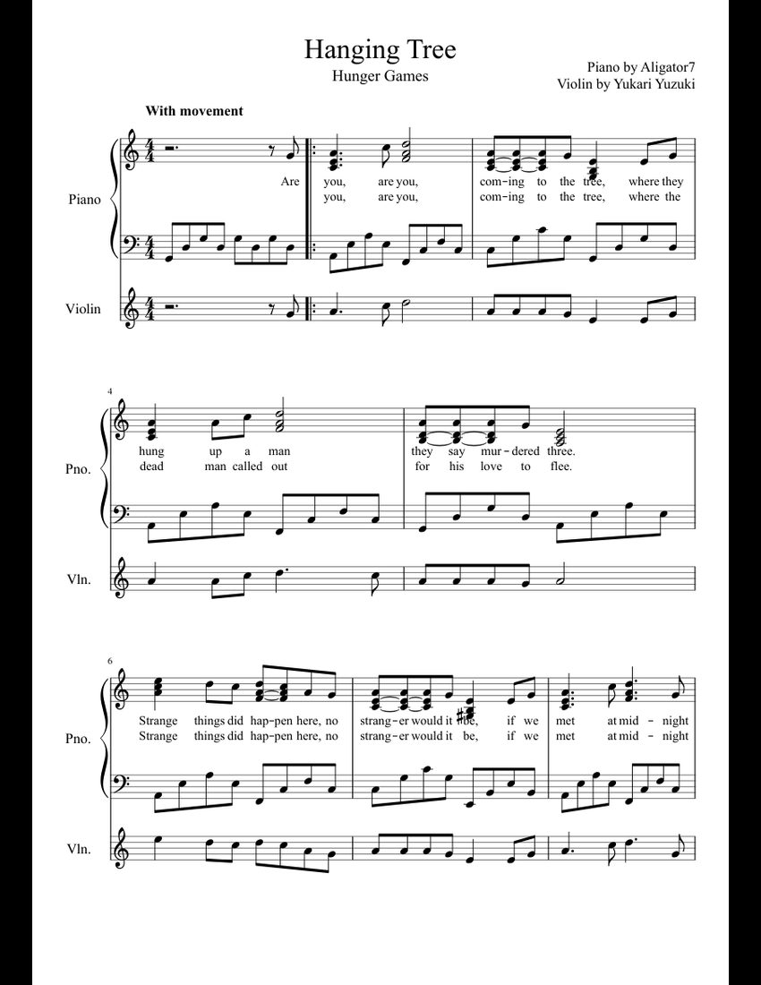 The Hanging Tree sheet music for Piano, Violin download free in PDF or MIDI