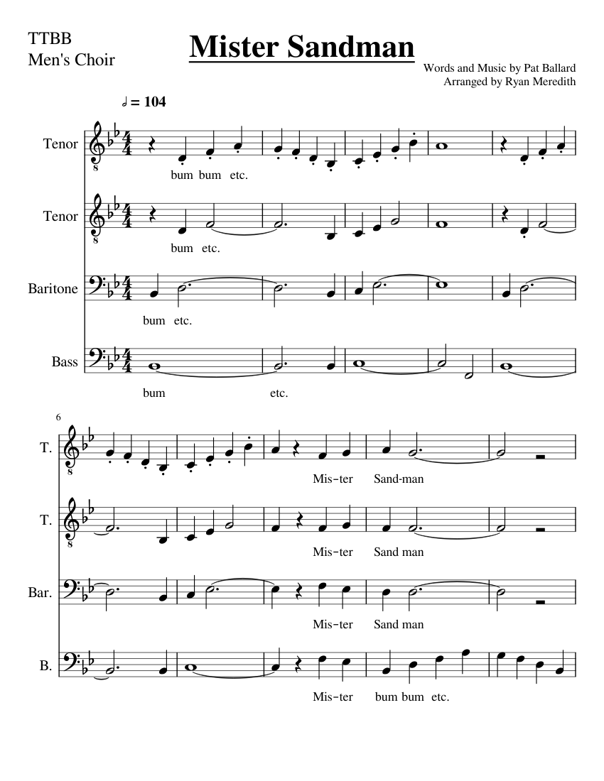 Mr Sandman - TTBB sheet music for Voice download free in PDF or MIDI
