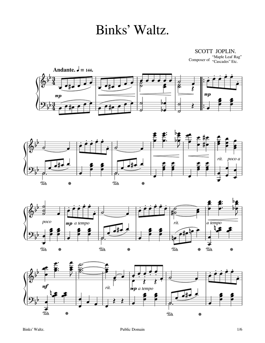 Binks' Waltz - Scott Joplin - 1905 sheet music for Piano download free