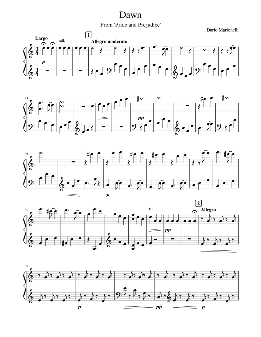 Pride and Prejudice (Dawn) - Dario Marionelli Sheet music for Piano ...