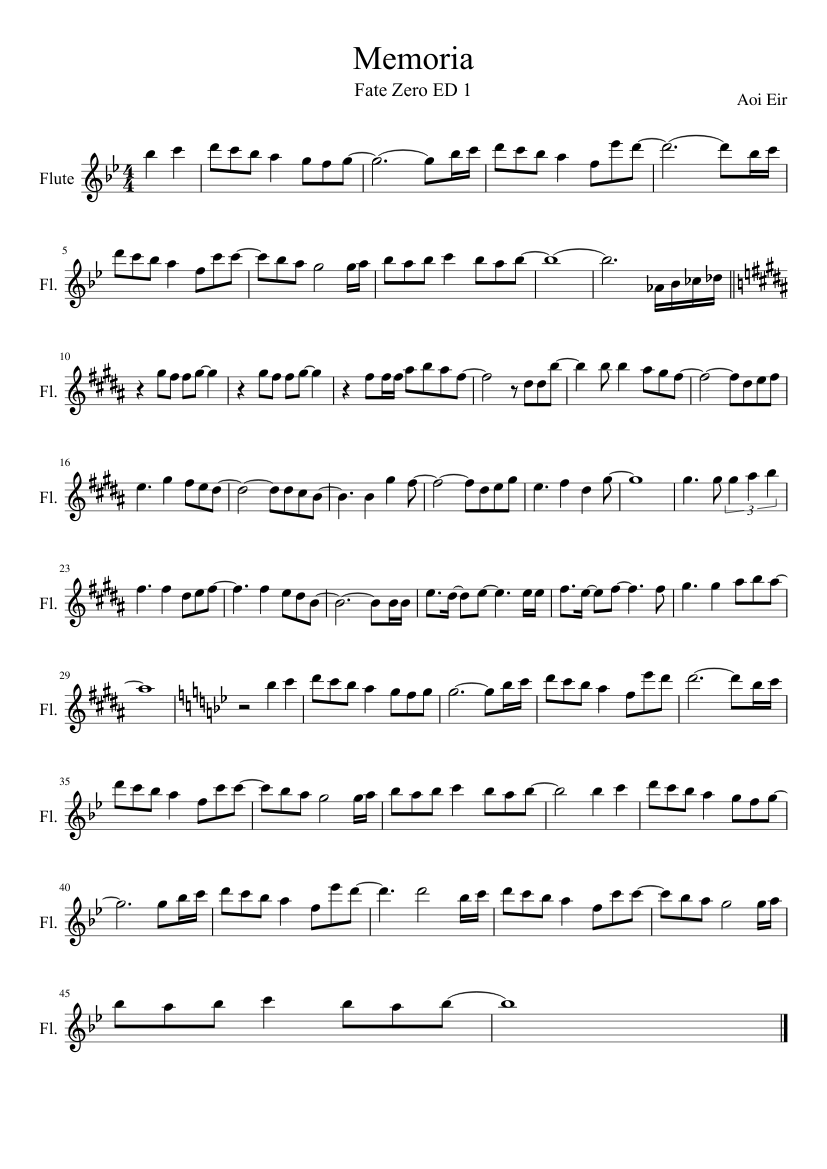 Memoria Fate Zero Sheet Music For Flute Solo Musescore Com