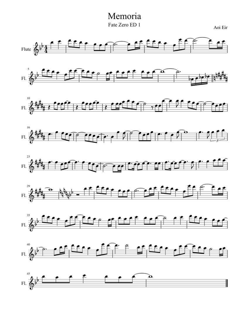 Memoria Fate Zero Sheet Music For Flute Solo Musescore Com