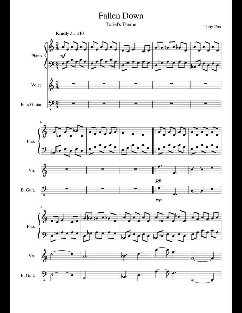 Undertale - Fallen Down sheet music for Piano, Voice, Bass download