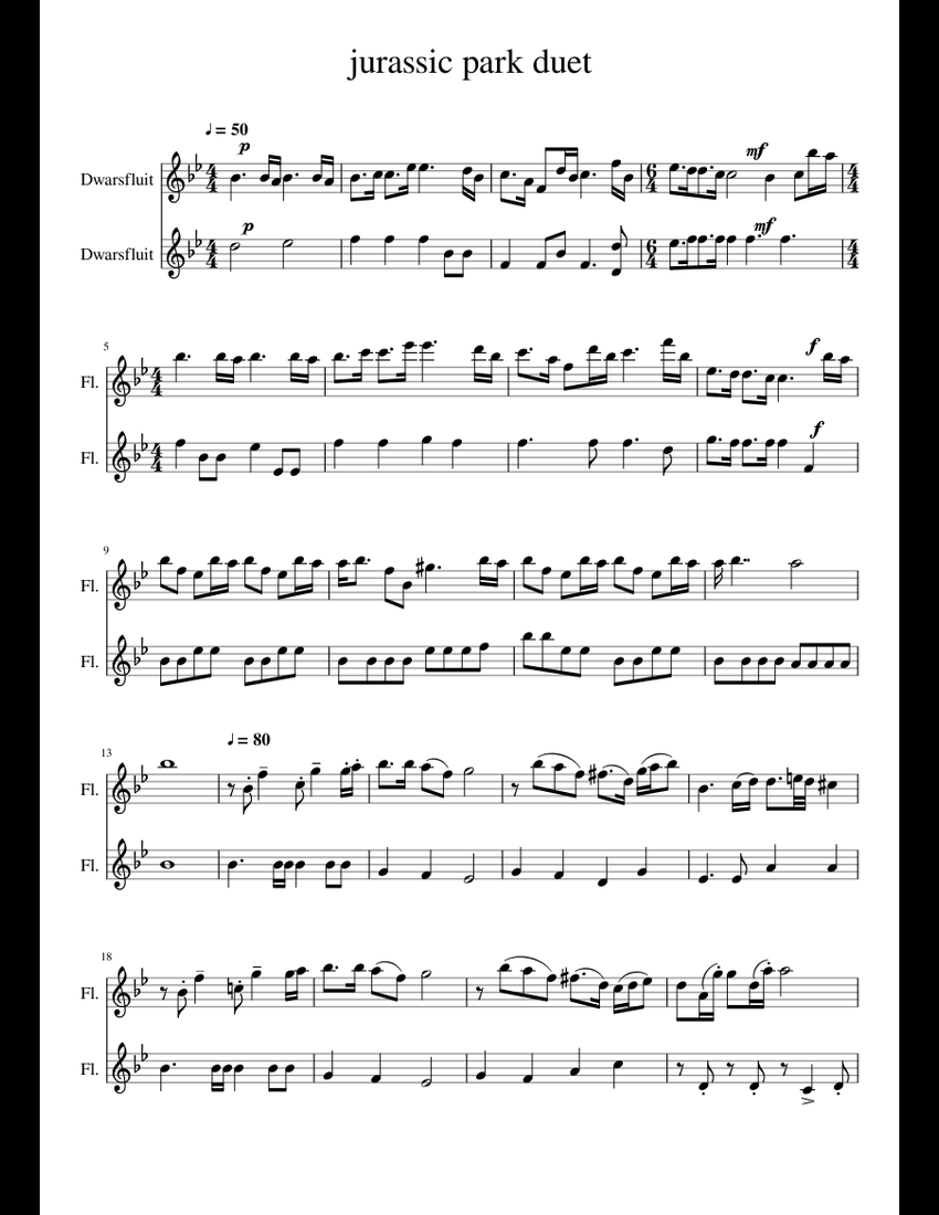Jurassic park duet sheet music for Flute download free in PDF or MIDI