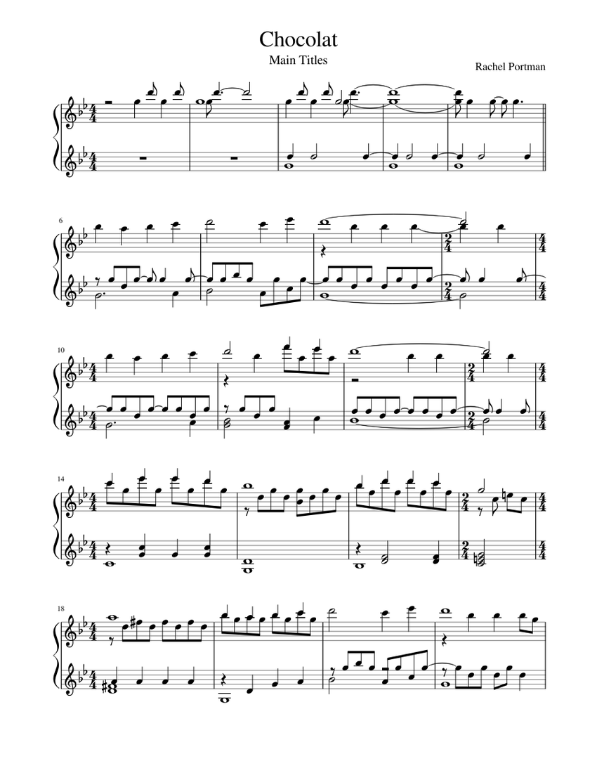 Chocolat - Main Titles Sheet music for Piano | Download free in PDF or ...