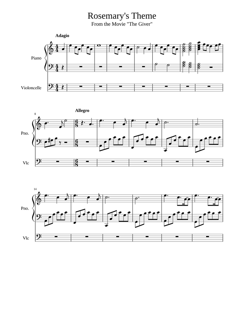 the giver - Rosemary's Theme Sheet music for Piano, Cello (Solo ...