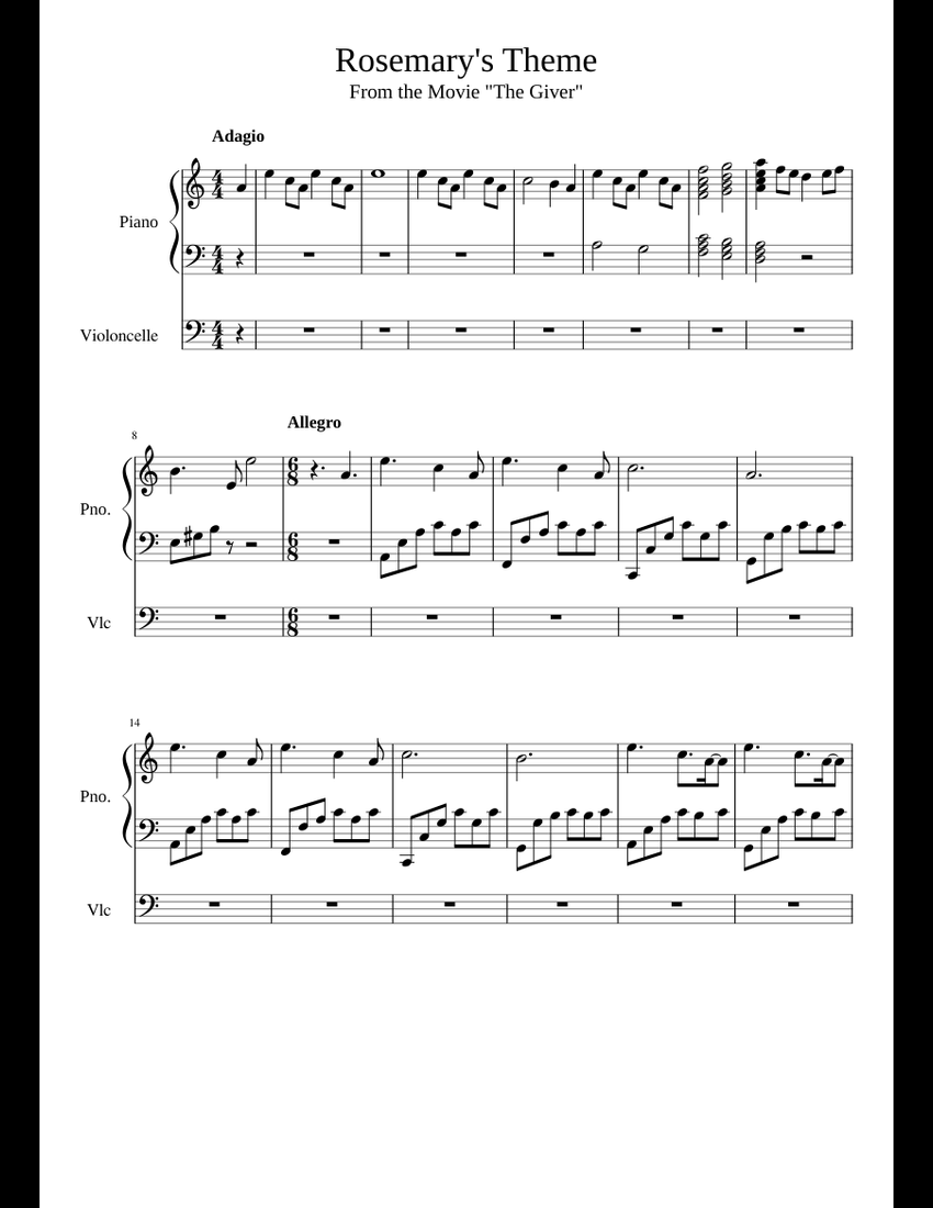 the giver - Rosemary's Theme sheet music for Piano, Cello download free ...
