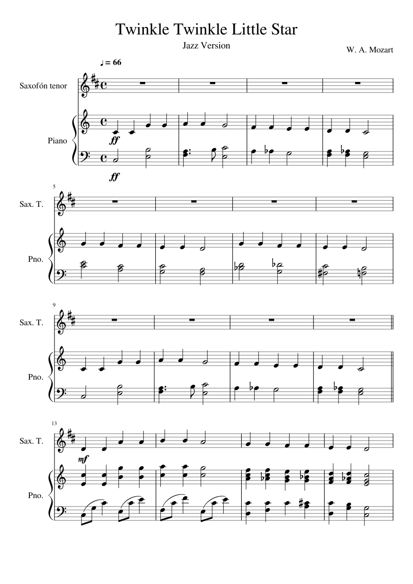 Twinkle Twinkle Little Star 樂譜由 W. A. Mozart 作曲 – 1 of 2 頁