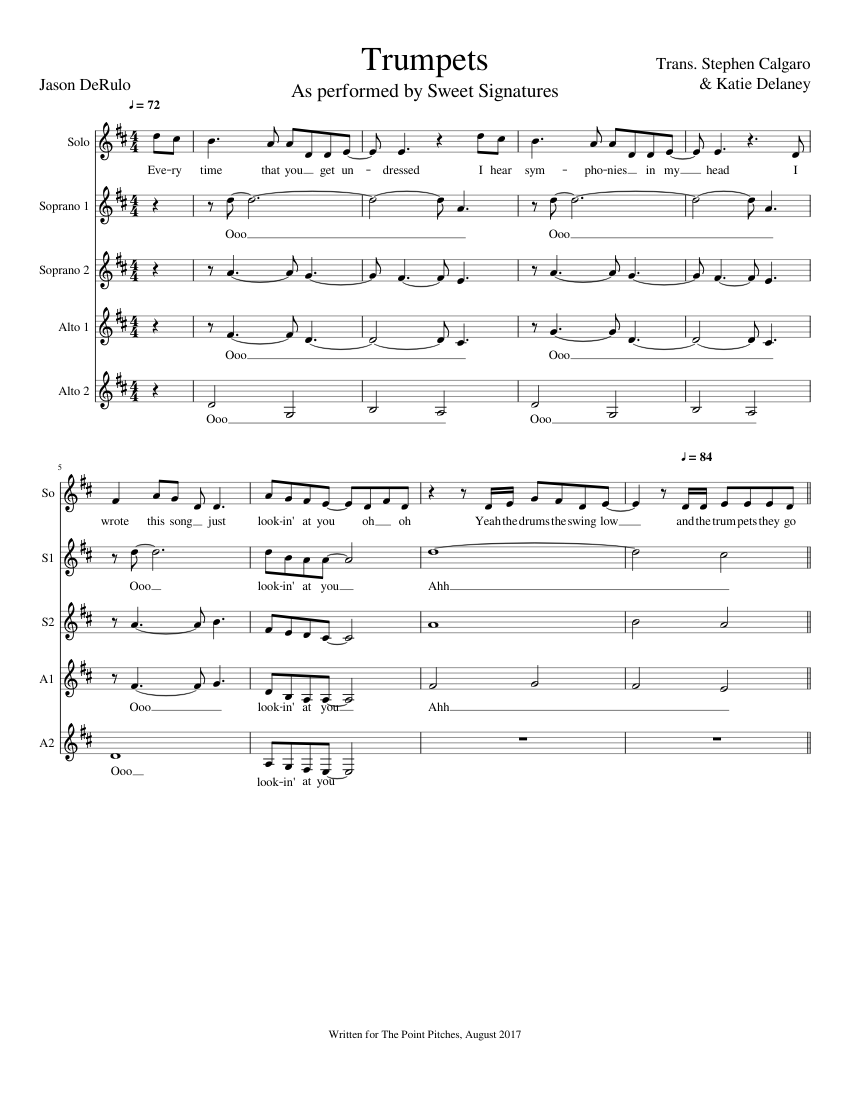 Trumpets Jason Derulo (SSAA) sheet music for Piano download free in