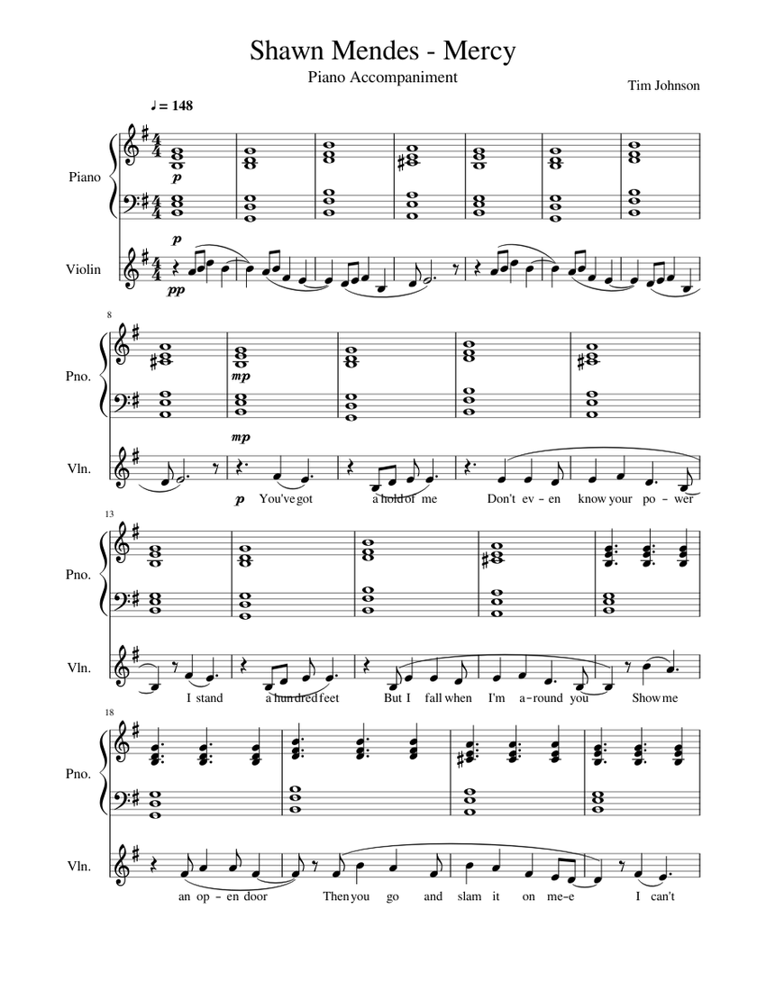 Shawn Mendes Mercy Piano Accompaniment Sheet Music For Piano Violin Solo Musescore Com