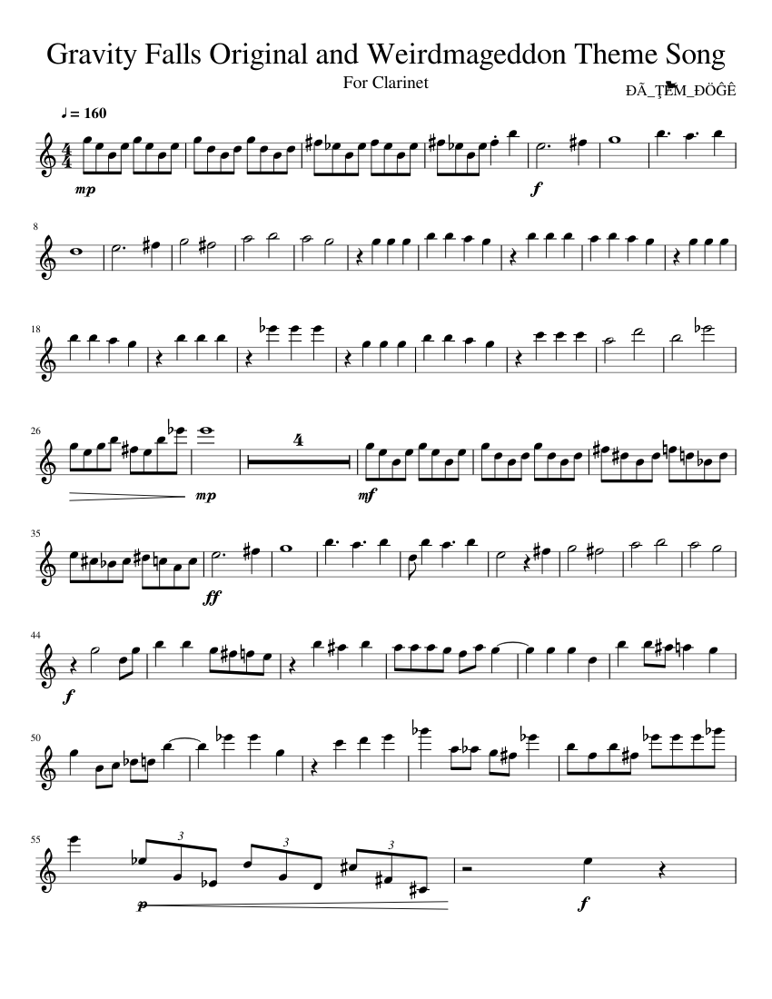 Gravity Falls Original and Weirdmageddon Themes Sheet music for Clarinet | Download free in PDF ...