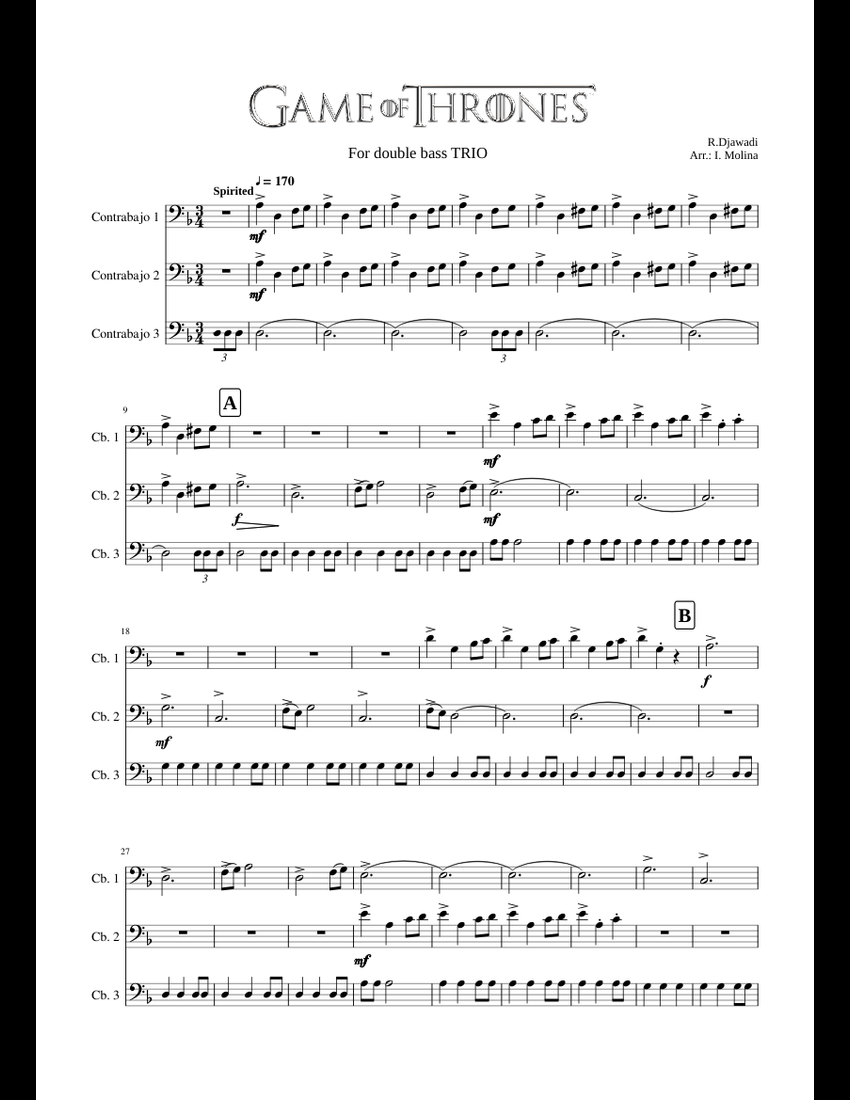 GAME OF THRONES for doublebass trio sheet music for Contrabass download ...