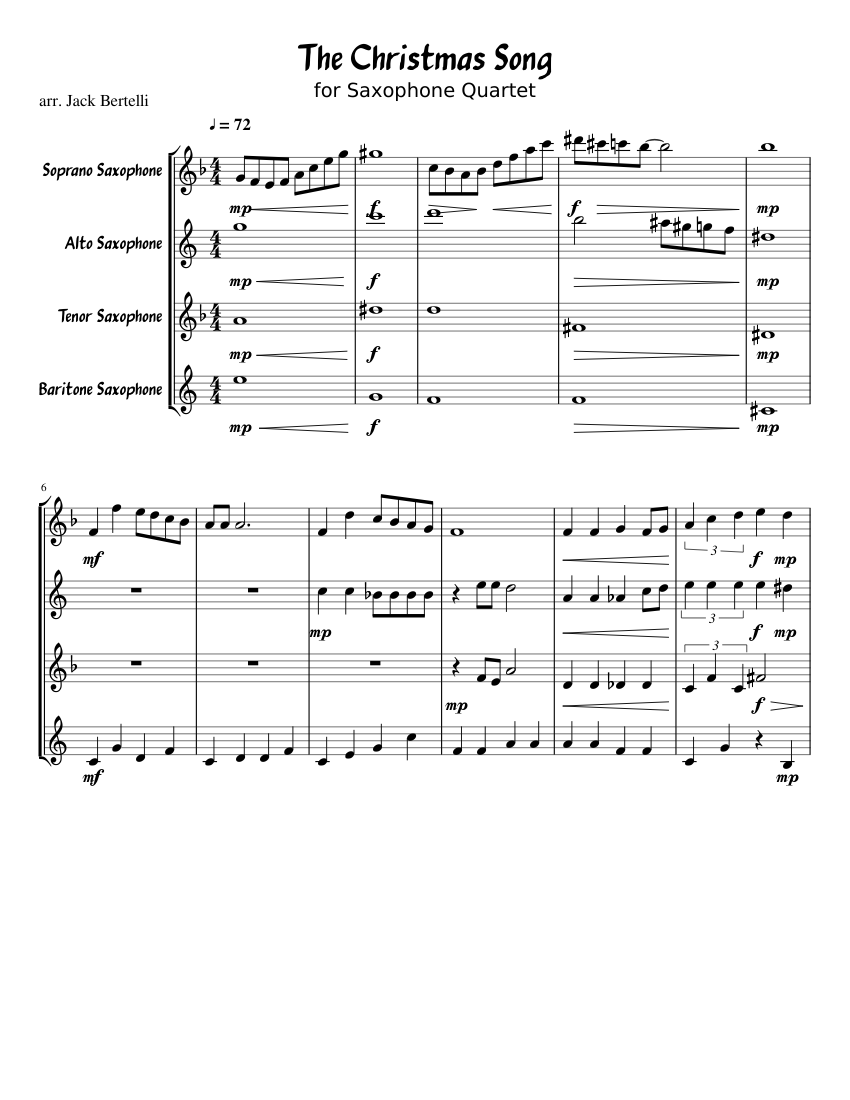 The Christmas Song for Saxophone Quartet sheet music for Soprano Saxophone, Alto Saxophone ...