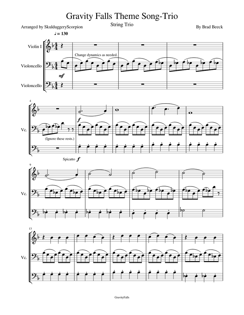Gravity Falls Theme Song Trio Sheet Music For Violin Cello